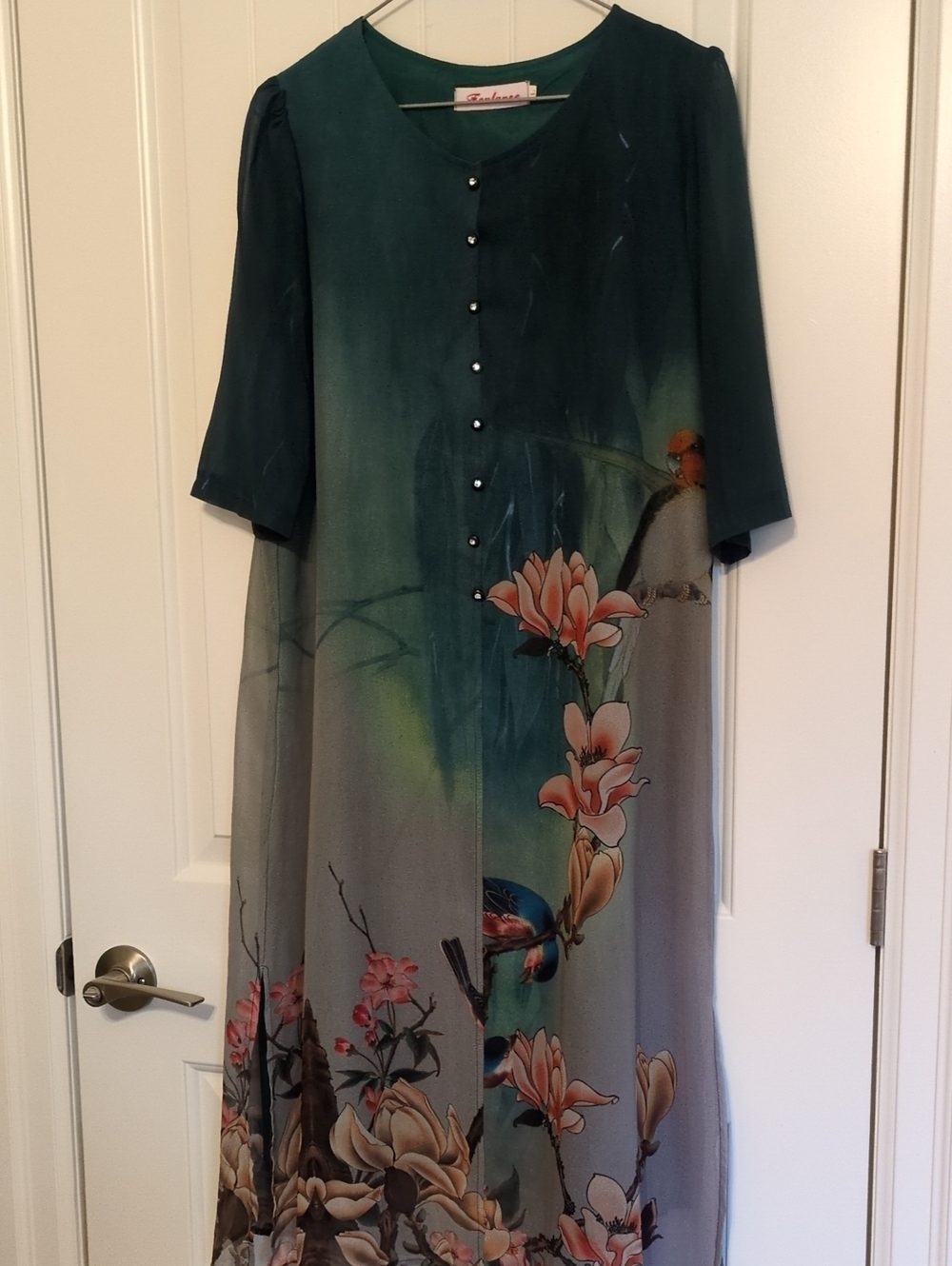 Teal to Gray Floral Maxi Dress with Pink Blooms